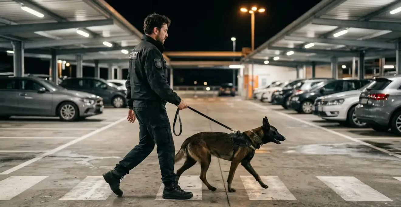 Agent cynophile de sécurité effectuant une ronde nocturne avec son berger malinois dans un parking d'entreprise