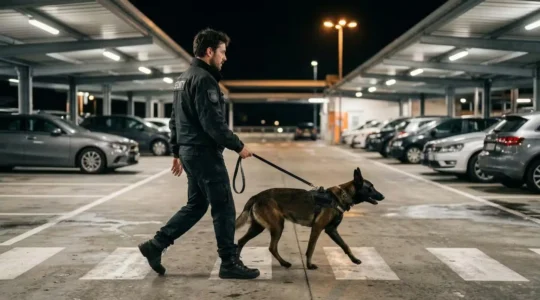 Agent cynophile de sécurité effectuant une ronde nocturne avec son berger malinois dans un parking d'entreprise