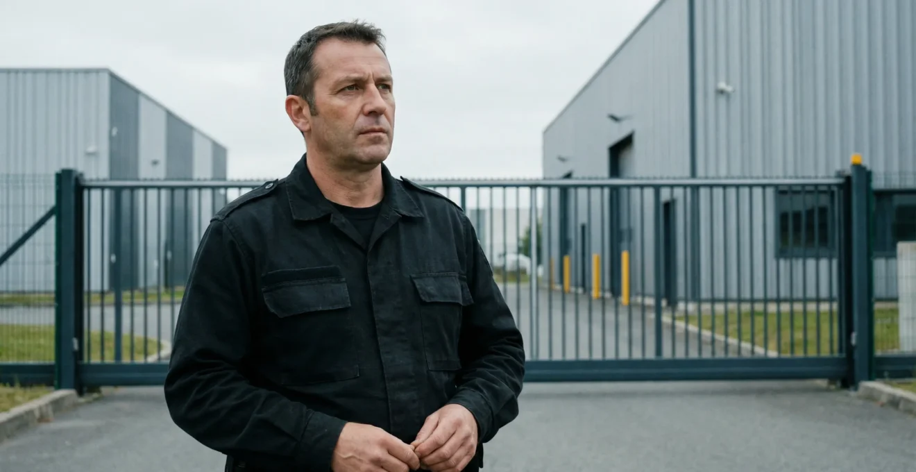 Agent de sécurité certifié surveillant l'entrée d'un site industriel à Toulouse