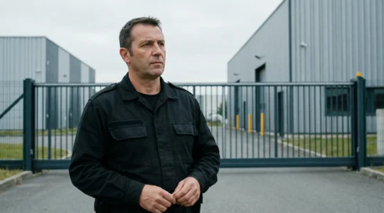 Agent de sécurité certifié surveillant l'entrée d'un site industriel à Toulouse