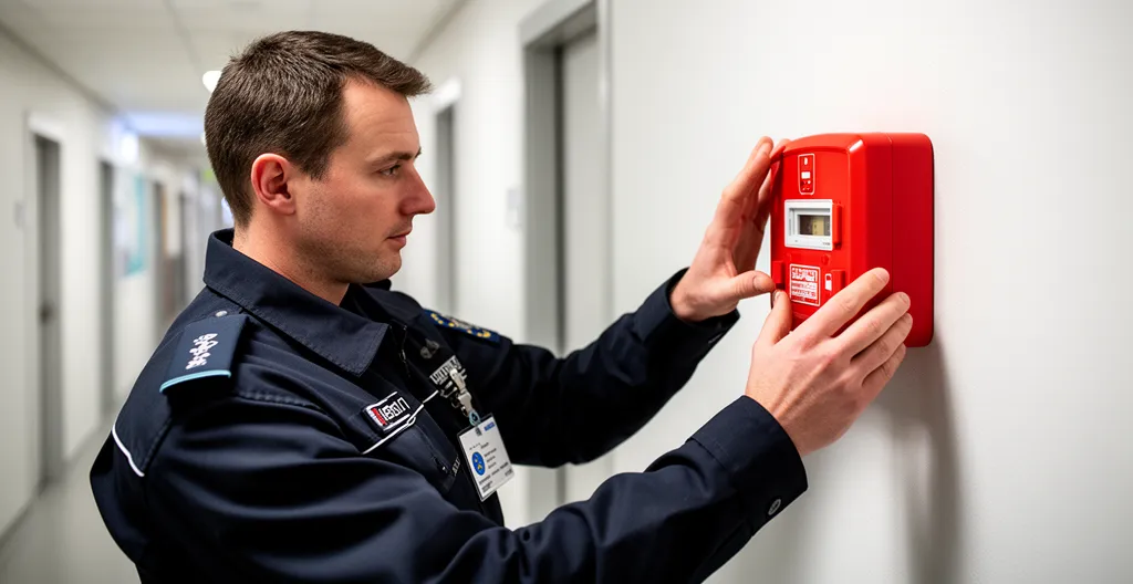 Agent SSIAP vérifiant un équipement de sécurité incendie dans un établissement