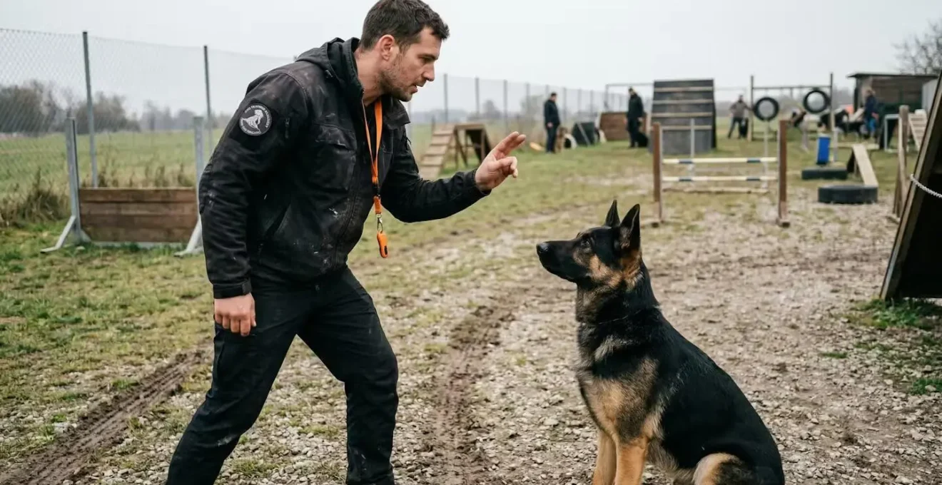 Stagiaire donnant un ordre à son berger allemand sur terrain d'entraînement cynophile