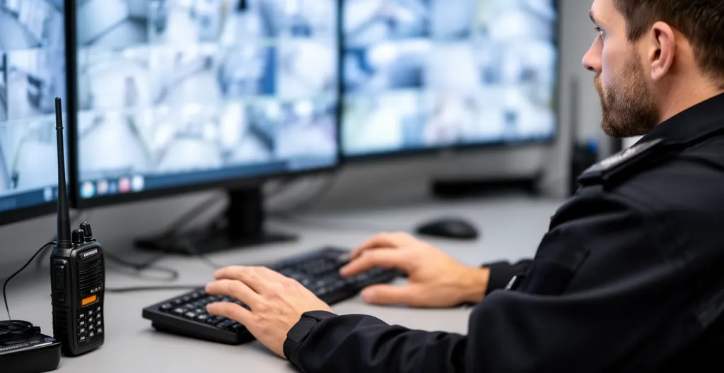Responsable sécurité consultant les écrans de vidéosurveillance dans un poste de garde