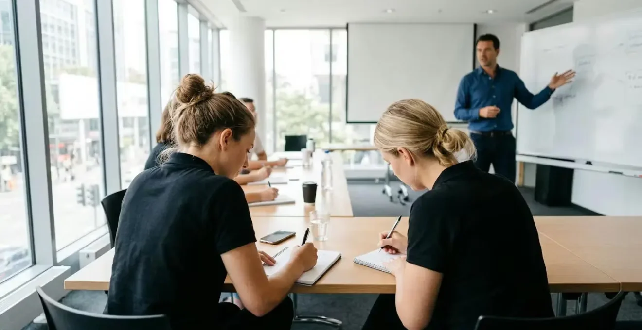 Stagiaires en formation agent de sécurité prenant des notes dans une salle de cours professionnelle