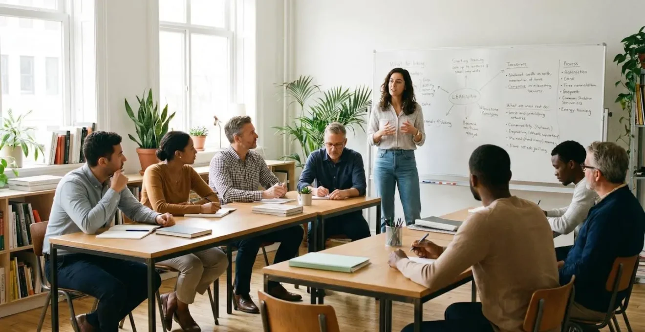 Élus CSE en session de formation économique et sociale dans une salle de séminaire